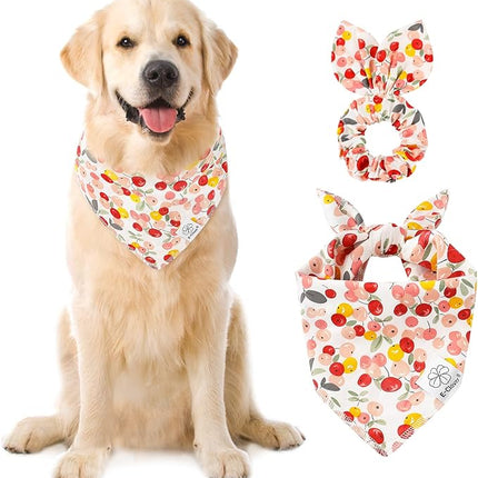 E-Clover Pink Floral Dog Bandanas & Matching Scrunchie Set Cute Dog Scarf Bibs Pet Bandana with Bow Tie for Medium Large Dogs Owner Mom Spring Summer