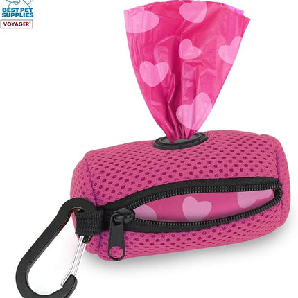 Best Pet Supplies Dog Poop Bag Holder Leash Attachment with 15 Bags, Fuchsia, Reusable Mesh Dispenser Pouch for Travel, Walking, Park, and Outdoor Use, Soft and Durable with Clip-On (Pack of 3)