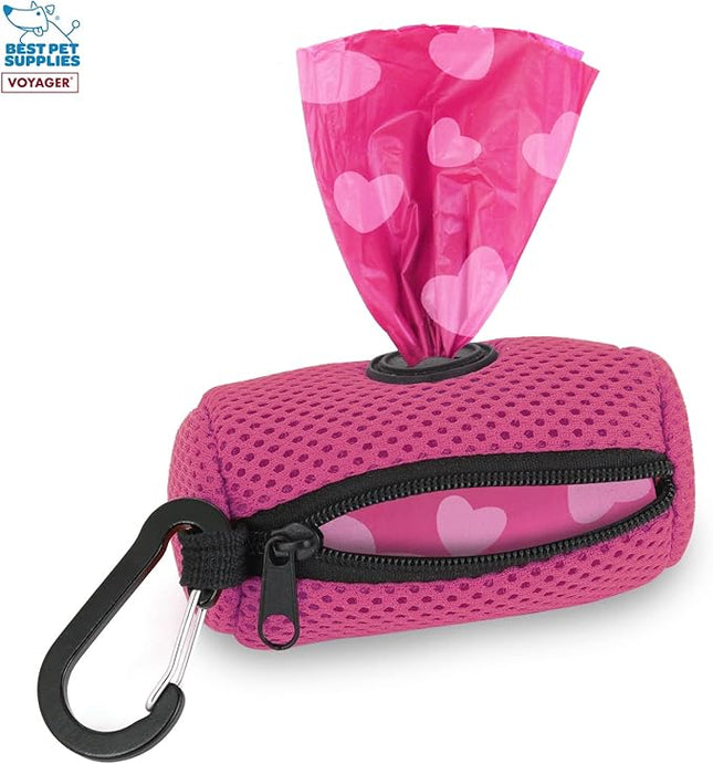 Best Pet Supplies Dog Poop Bag Holder Leash Attachment with 15 Bags, Fuchsia, Reusable Mesh Dispenser Pouch for Travel, Walking, Park, and Outdoor Use, Soft and Durable with Clip-On (Pack of 3)