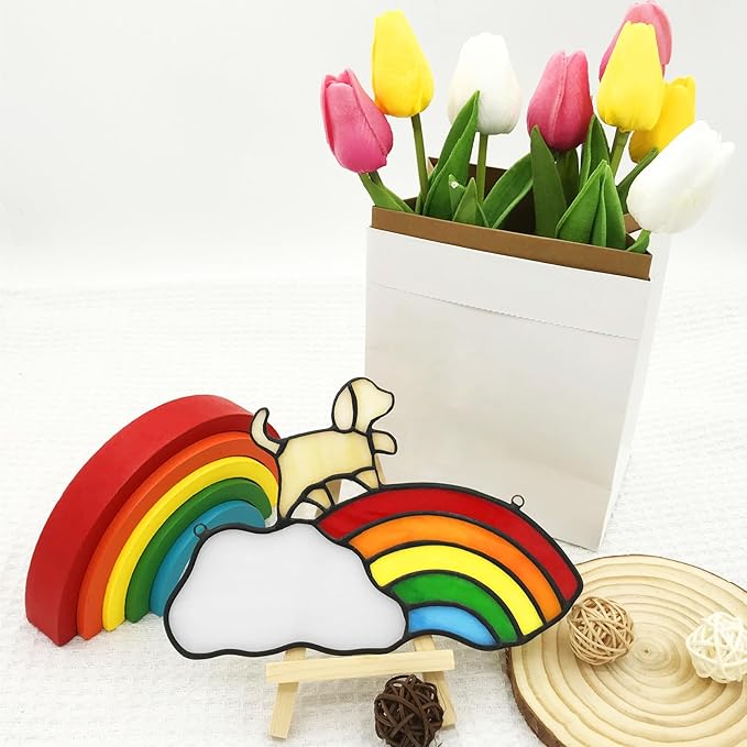 Stained Glass Rainbow Bridge Pet Memorial Gifts for Dogs,Yellow Dog Memorial Gifts for Loss of Dog,Suncather for Window Hanging,in Memory of Dog Passing Away Gifts,Loss of Dog Sympathy Gift