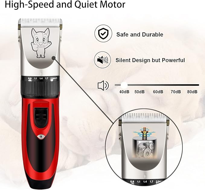 Dog Grooming Kit Clippers, Low Noise, Electric Quiet, Rechargeable, Cordless, Pet Hair Thick Coats Clippers Trimmers Set, Suitable for Dogs, Cats, and Other Pets(Red)