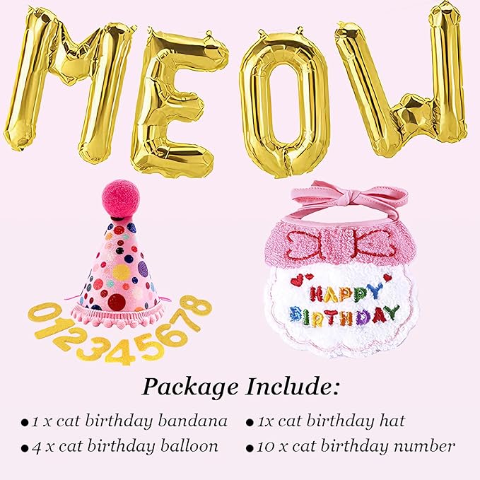Cat Birthday Hat Decoration & Outfit Set - Adjustable Party Hat with Numbers, Bandana Bow Tie & Balloon Supplies for Cat Costume Photo Shoots (Pink)