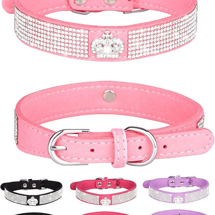 Dog Collar for Small Dogs, Adjustable Leather Suede Bling Dog Collars，Pink Dog Collar Cat Collar, Rhinestone Dog Collar (L, pink3)