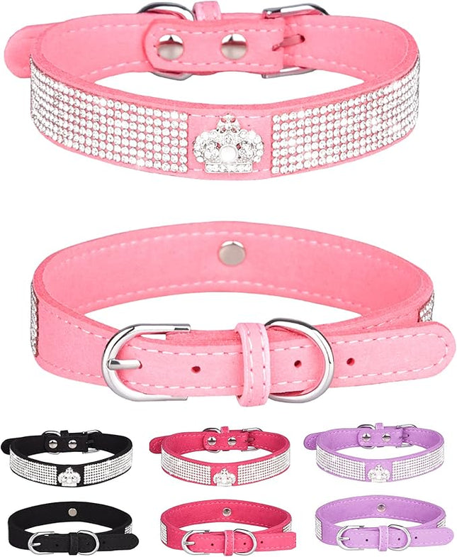 Dog Collar for Small Dogs, Adjustable Leather Suede Bling Dog Collars，Pink Dog Collar Cat Collar, Rhinestone Dog Collar (M, pink3)