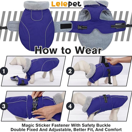 Lelepet Warm Dog Coat Reflective Fleece Vest Waterproof Dog Jacket with Adjustable Buckle Hook & Loop Windproof Cold Weather Coats for Small Medium Large Dogs, Blue, L