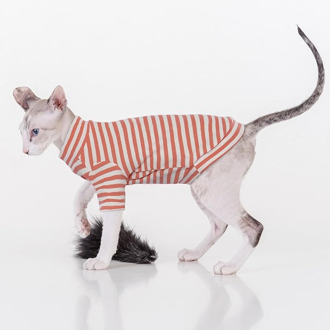 PUMYPOREITY Sphynx Cat Clothes - Soft Hairless Shirt With Sleeves, Stretchy Sweater, Pullover Pajamas Jumpsuit, Turtleneck Outfit for Sphynx Cornish Rex, Devon Rex - Orange, XL