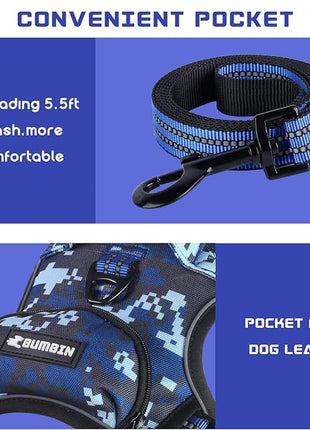 BUMBIN Dog Harness for Large Dogs, No Pull Adjustable No Choke Pet Vest with Dog Leash Fit Smart Reflective Pet Walking Harness for Training Easy Control Soft Handle Blue Camo M