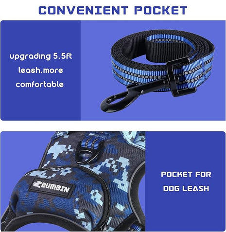 BUMBIN Dog Harness for Large Dogs, No Pull Adjustable No Choke Pet Vest with Dog Leash Fit Smart Reflective Pet Walking Harness for Training Easy Control Soft Handle Blue Camo M