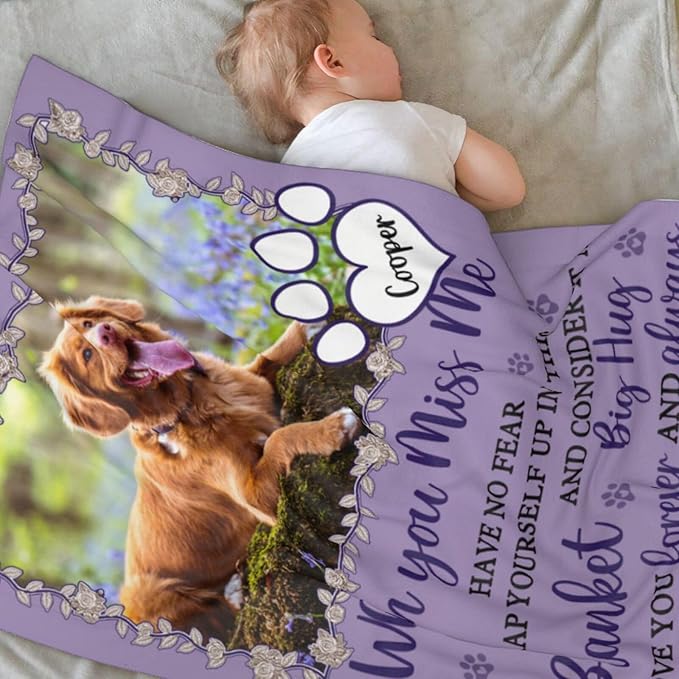 Custom Pet Memorial Blanket with Photo,Personalized Dog/Cat Loss Sympathy Gift,Pet Loss Bereavement Remembrance Gifts,Flannel Throw Blanket with Pictures (Purple)