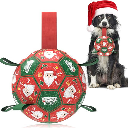 QDAN Christmas Dog Balls with Straps, Soccer Ball for Dogs for Small Medium Pet, Interactive Rope Toys, Puppy Birthday Gifts (6 Inch)