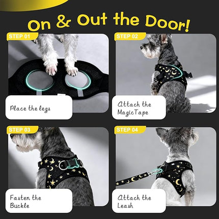 EXPAWLORER Small Dog Harness and Leash Set - Cute Puppy Harness Leash Dog Collar with AirTag Holder Silicone Case, Soft Padded Step in Pet Vest Reflective for Outdoor Walking, Star-Moon M