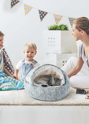 CATISM Cozy Cat Pod - Plush Hooded Cat Bed Cave, Self Warming, Removable Washable with Non-Slip Bottom