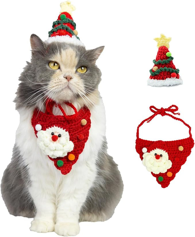 Handmade Cat Christmas Costume,Dog Outfits,Christmas Tree Dog Hat & Cute Santa Cat Bandana – Gifts for Cats and Small to Medium Sized Dogs,Outgoing,Party