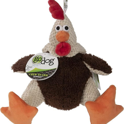 goDog Checkers Fat Rooster Squeaky Plush Dog Toy, Chew Guard Technology - Brown, Large