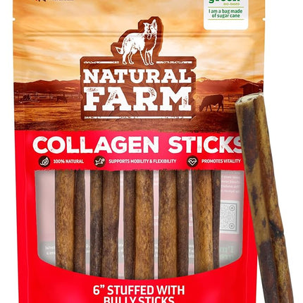 Natural Farm Bully Sticks Stuffed Collagen Sticks for Dogs (6 Inch, 5-Pack), Rawhide-Free Collagen, Natural Dog Chews, Long Lasting, for Small, Medium and Large Dogs, Great Rawhide Alternative