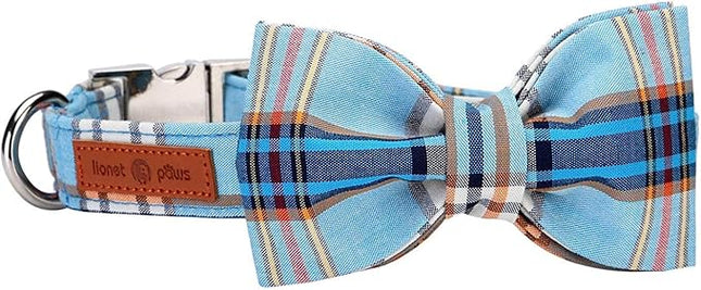 Lionet Paws Boy Dog Collar with Bowtie, Comfortable Adjustable Cute Blue Plaid Bow Tie Collar for Male Puppies and Cats Gift, XXS, Neck 7-11 inches