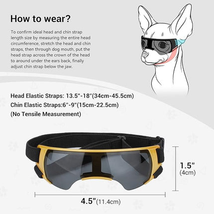 LESYPET Dog Goggles for Small Medium Dogs, UV Protection Dog Sunglasses with Foam Padded, Windproof Eye Protection Puppy Sunglasses for Riding Driving, Adjustable, Gold