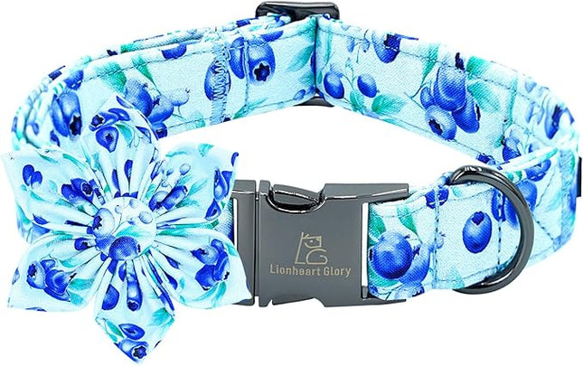 Lionheart glory Dog Collar with Flower Blueberries Print Collars for Small Dogs, Spring Summer Cute Duty Adjustable Dog Flowers Collar Puppy Collars Bows Pet Gift