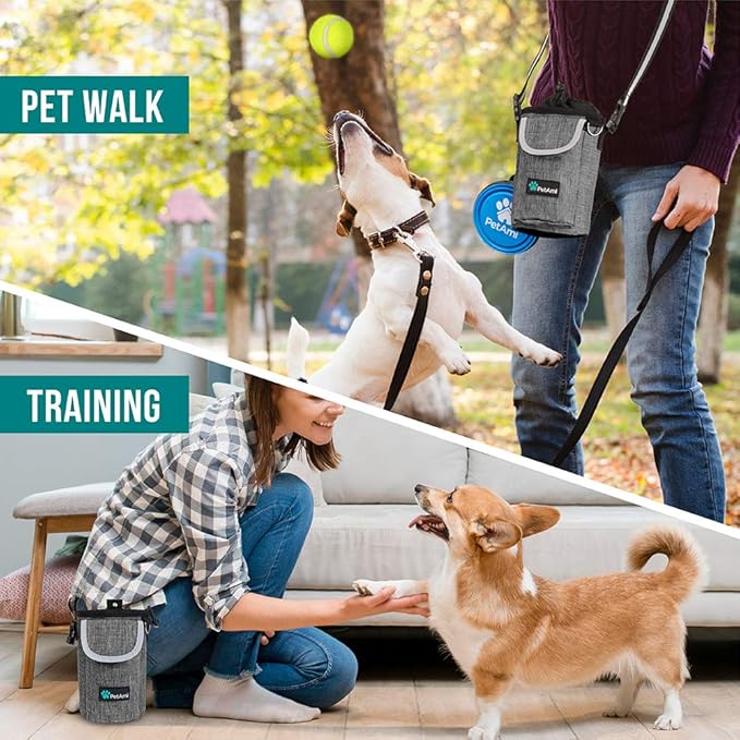 PetAmi Dog Treat Pouch, Large Pet Training Treat Pouch with Pocket, Dog Trainer Essentials Supply Holder with Poop Bag Dispenser, Training Bag for Kibbles Toys, 3 Ways to Wear (Gray)