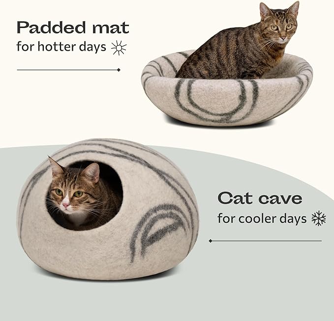 MEOWFIA Cat Cave – Premium Felt Cat Bed for Indoor Cats, Handmade 100% Merino Wool (Light Grey, Medium)