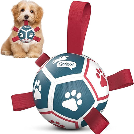 QDAN Small Dog Toys, Outdoor Indoor Toys to Keep Them Busy, Soccer Ball with Straps, Puppy Birthday Gifts, Dog Water Toy, Durable Puppy Balls（5 Inch）