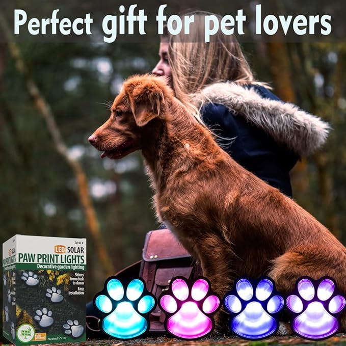 Obrecis Solar Paw Print Lights for Pet Memorial Gifts, 34 Colors Changing Outdoor Dog Print Lights with Remote, Set of 4 Waterproof Cat Paw Keepsake for Pet Remembrance Gift, Pet Loss Sympathy Gifts