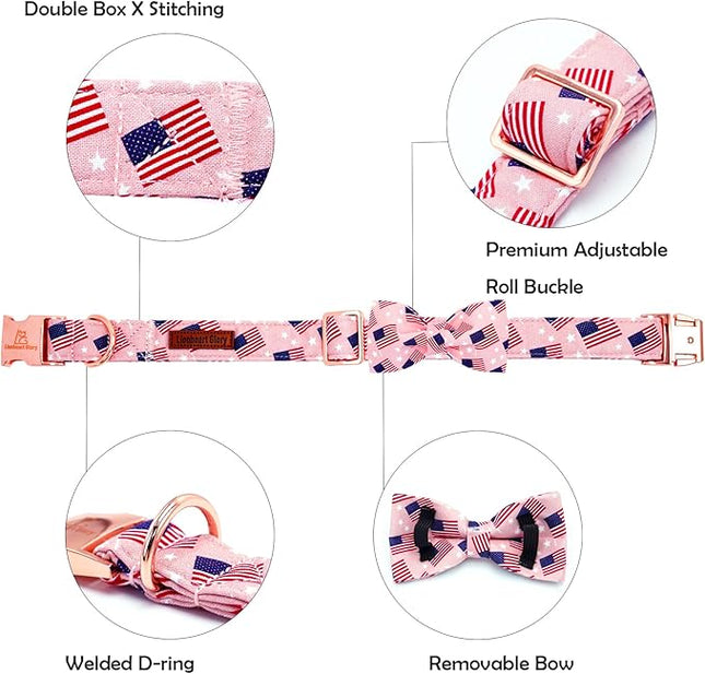 Lionheart glory American Flag Dog Collar 4 of July Independence Patriotic Dog Bow Collars Heavy Duty Adjustable Soft Collar with Bowtie for Medium Dogs Pet Gift