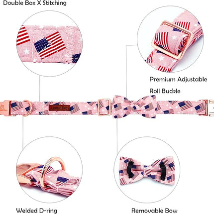 Lionheart glory American Flag Dog Collar 4 of July Independence Patriotic Dog Bow Collars Heavy Duty Adjustable Soft Collar with Bowtie for Small Dogs Pet Gift