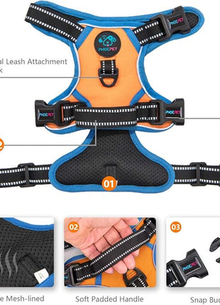 PHOEPET 2019 Reflective Dog Harness Large Breed Adjustable No Pull Vest with with Handle 2 Metal Rings 3 Buckles [Easy to Put on & Take Off](L, Orange)