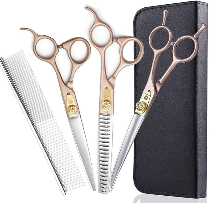 7 Inch Professional Pet Grooming Scissor, 440C Japanese Steel Straight & Curved & Thinning & Chunker Shears/Scissors for Dog Cat and More Pets (7-inch-Grooming Scissors Set 02)