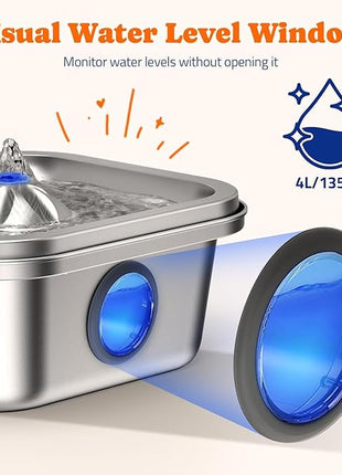 Cat Water Fountain Stainless Steel, 4L/135oz Cat Fountain, Automatic Dog Drinking Dispenser with Water Level Window, 6 Filters, Metal Pet Water Bowl Indoor, Quiet Pump, Easy Cleaning