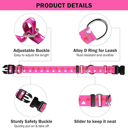 Hikiko Valentine's Day Dog Collar for XSmall Puppy Dogs with Adjustable Heart Martingale Collars Quick Release Buckle (Pink Love,X-Small)