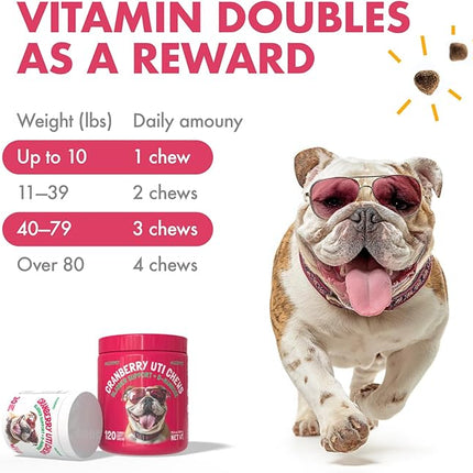 Cranberry UTI Chews for Dogs Bladder Support + D-Mannose Supports Kidney Urinary Tract and Bladder Health Natural Cranberry Wellness Supplement Immune System Booster Natural Pet Antioxidant 120 Chews