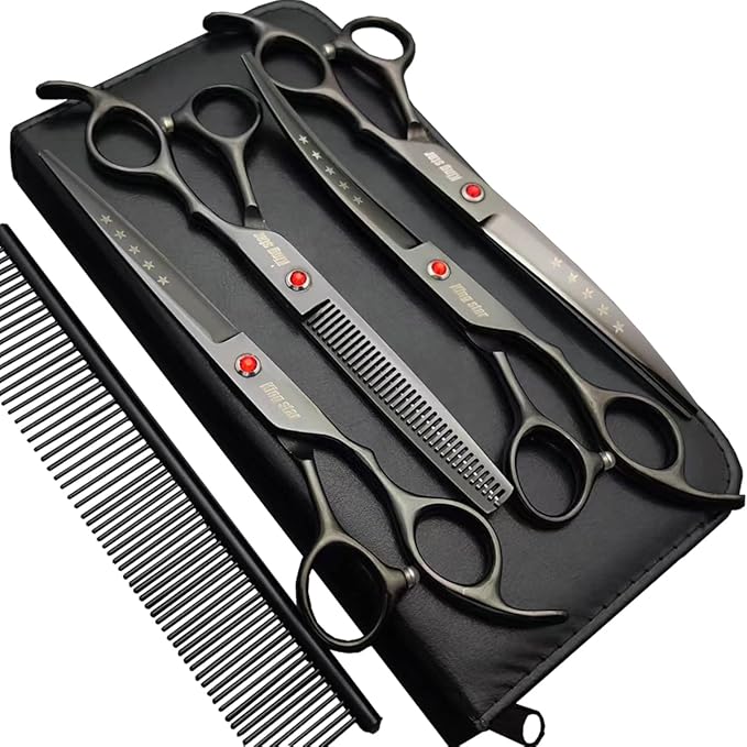 7.0in Titanium Professional dog Grooming Scissors set,Straight & Thinning & Curved scissors 4pcs set for Dog grooming Bright Black With Comb