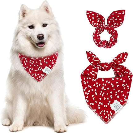 E-Clover Valentine Day Dog Bandana & Matching Scrunchie-Heart Dog Bandanas Red Pet Scarf Bib for Small Dogs Puppy Girl Boy Owner Valentines Mom Gift
