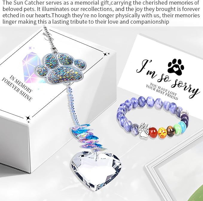 Dog Memorial Gifts,Pet Memorial Suncatcher with 7-Colorful Beads Paw Bracelet,Pet Loss,Pet Sympathy,Thoughtful Dogs and Cats Remembrance,Lost of Pet Bereavement Gifts,Crystal Heart Sun Catcher