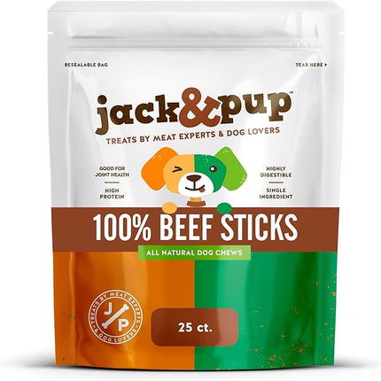 Jack&Pup 6-inch Gullet Sticks for Dogs (25 Pack) Esophagus Dog Treats, Long Lasting Chew, Beef Jerky for Dogs