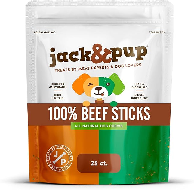 Jack&Pup 6-inch Gullet Sticks for Dogs (25 Pack) Esophagus Dog Treats, Long Lasting Chew, Beef Jerky for Dogs