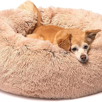 Friends Forever Donut Dog Bed Faux Fur Fluffy Calming Sofa For Small Dogs, Soft & Plush Anti Anxiety Pet Couch For Dogs, Machine Washable Coco Pet Bed with Non-Slip Bottom, 23"x23"x6" Tan