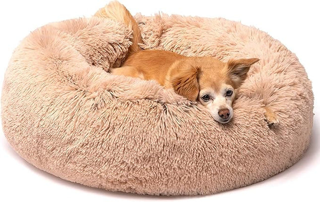 Friends Forever Donut Dog Bed Faux Fur Fluffy Calming Sofa For Small Dogs, Soft & Plush Anti Anxiety Pet Couch For Dogs, Machine Washable Coco Pet Bed with Non-Slip Bottom, 23"x23"x6" Tan