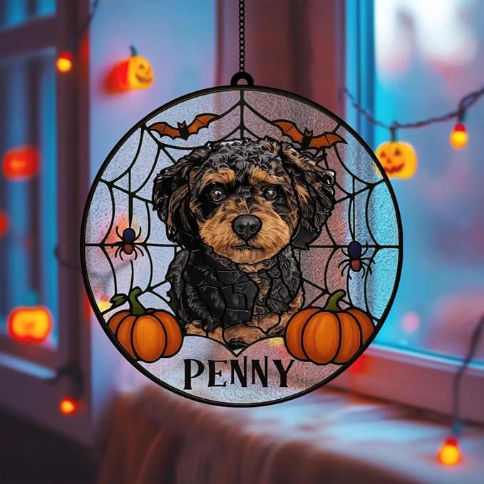 Custom Stained Glass Dog Halloween, Personalized Pumpkin Dog Portrait from Photo, Spooky Dogs Fall Decor, Dogs Witch Halloween, Pet Sympathy Gift, Pet Memorial Decor /21