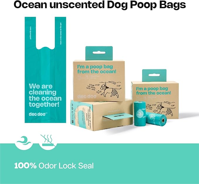 Dog Poop Bags with Handles 100% PCR from Ocean 12 Rolls 144 Counts Big Sizes Leak Proof and Extra Thick Waste Bags Refill Rolls for Walking Small Medium Large Dogs Cats Litter Unscented