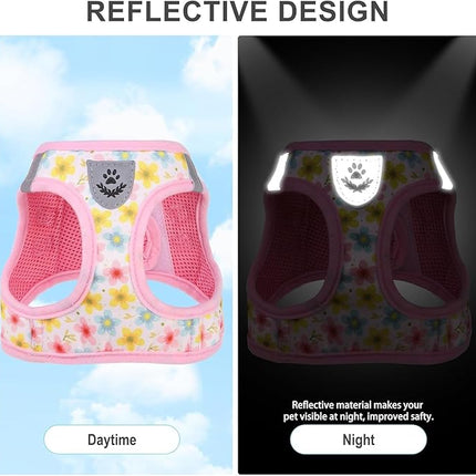 EXPAWLORER Small Dog Harness and Leash Set - Cute Puppy Harness Leash Dog Collar with AirTag Holder Silicone Case, Soft Padded Step in Pet Vest Reflective for Outdoor Walking, Floral XXS