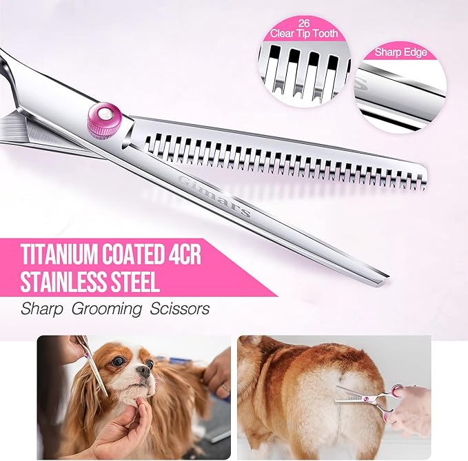 Gimars Dog Grooming Scissors Kit Professional 4CR with Safety Round Tip, 5 in 1 Heavy Duty Titanium Coated Thinning & Curved & Straight Shears