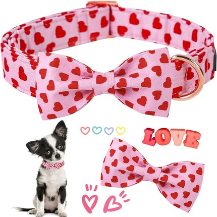 ARING PET Valentine's Day Dog Collar with Bow, Cute Adjustable Pink Heart Bowtie Pet Collars with Metal Buckle for Puppy Small Medium Large Boy Girl Dogs-XS