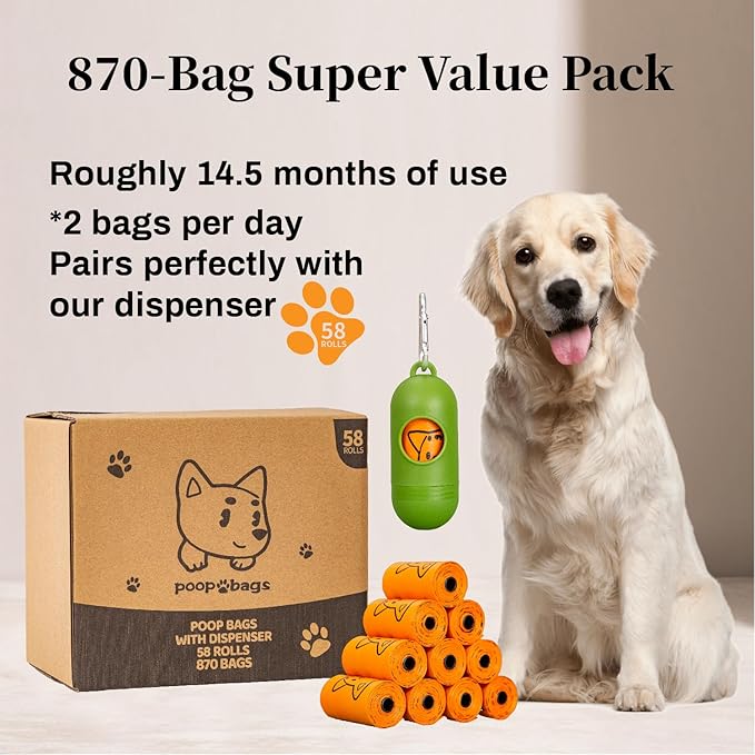 870 Counts Dog Poop Bags Rolls with Dispenser & Leash Clip, Scented Poop Bags for Dogs Waste, Extra Thick & Leak Proof for Poop Doggie Puppy Pet Waste, 9" x 13", Orange