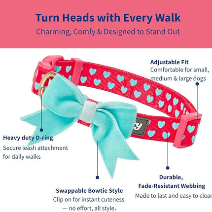 Blueberry Pet Adjustable Flocking Dog Collar for Large Dogs, Pink Girl Dog Collars with Detachable Velvety Bowtie, Heart in Lust Red, Spring Dog Collar for 18-26 Inch Neck