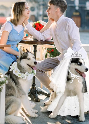 BINGPET Dog Wedding Outfit Dress,Doggy Cat Tutu Skirt with Dog Wedding Flower Collar and Crown Veil Set,Puppy Kitty Birthday Party Supplies,Dog Wedding Attire Bride Costume for Small Medium Dogs Cats