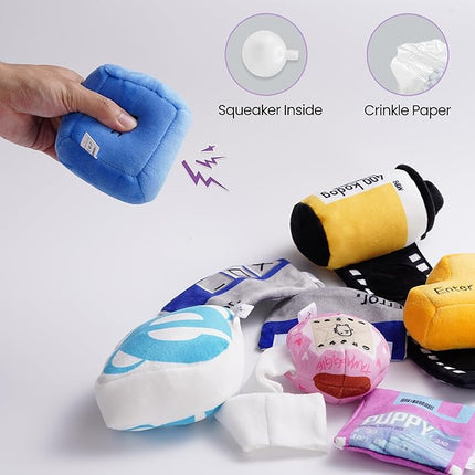 Nocciola Funny Squeaky Dog Toys, Old Tech Themed Stuffed Plush Puppy Toy Set with Hidden Treat Pockets, Cute Crinkle Chew Toys for Small Medium Large Breed, Boy Dog Birthday Gifts, 7 Packs