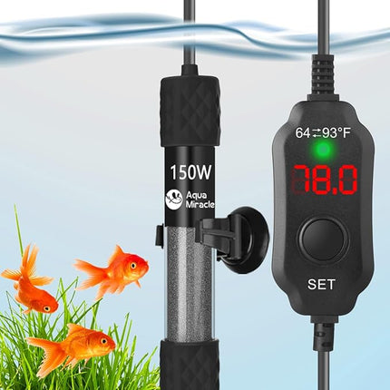 AquaMiracle Adjustable 150W Aquarium Heater Submersible Fish Tank Heater Super Short Aquarium Heater with LED Digital Display Thermostat, for Tanks 15-30 Gallons